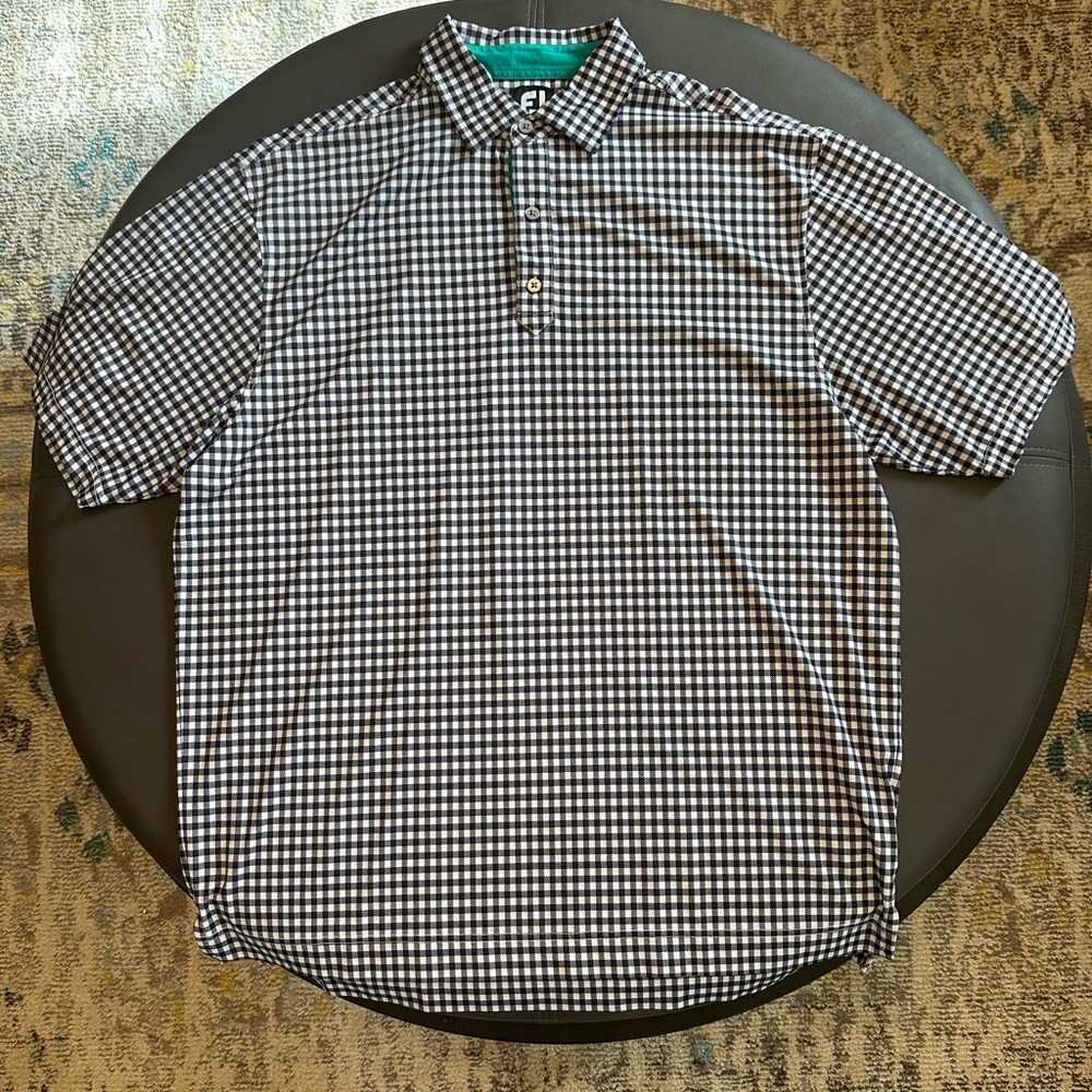 FootJoy FJ Men’s Short Sleeve Blue and White Plaid Polo Golf Shirt Size Large